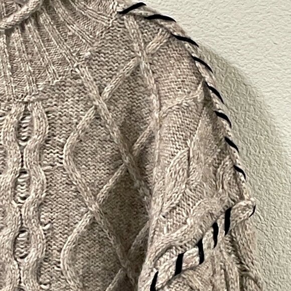 GREIGE NWT Cable Knit Whip Stitch Tweed Long Sleeve Pullover Sweater Tan L - Picture 4 of 8